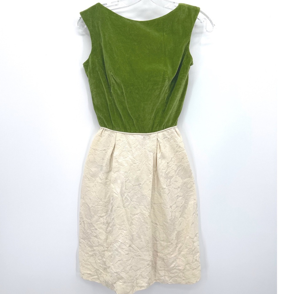 VTG 1960's Green Velvet Cocktail Dress Cream Floral Brocade Luxury Rockabilly